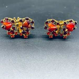 Mid Century Gold Tone Butterfly Garnet Rhinestone Earrings
